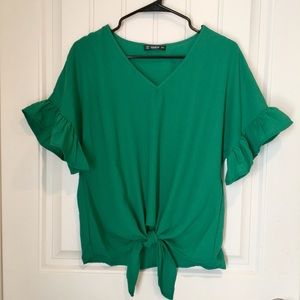 Shein green ruffle sleeve front tie blouse S